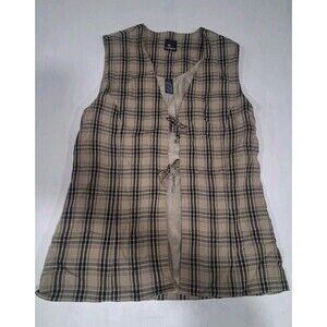 Vtg 90s Womens Open Long Vest Ties 12 Checkered Plaid Tan Liz Sport Lined Nerd